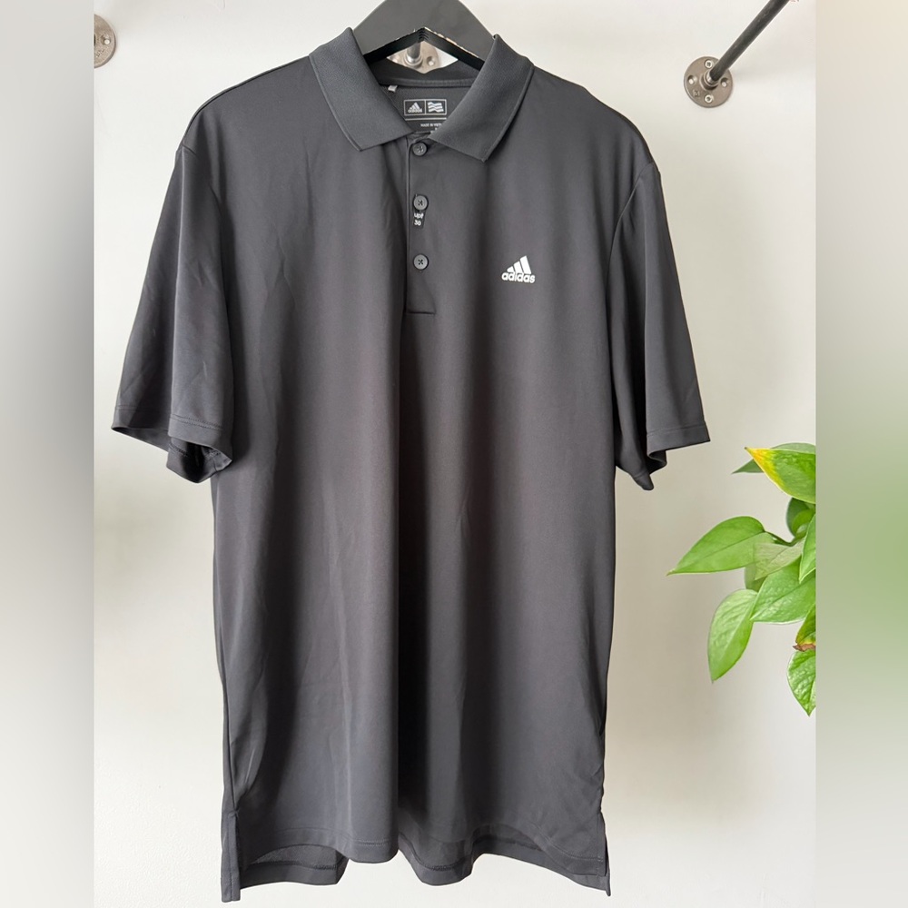NWOT adidas Black Men's Golf  Polo Short Sleeve Shirt White Embroidered Logo | L